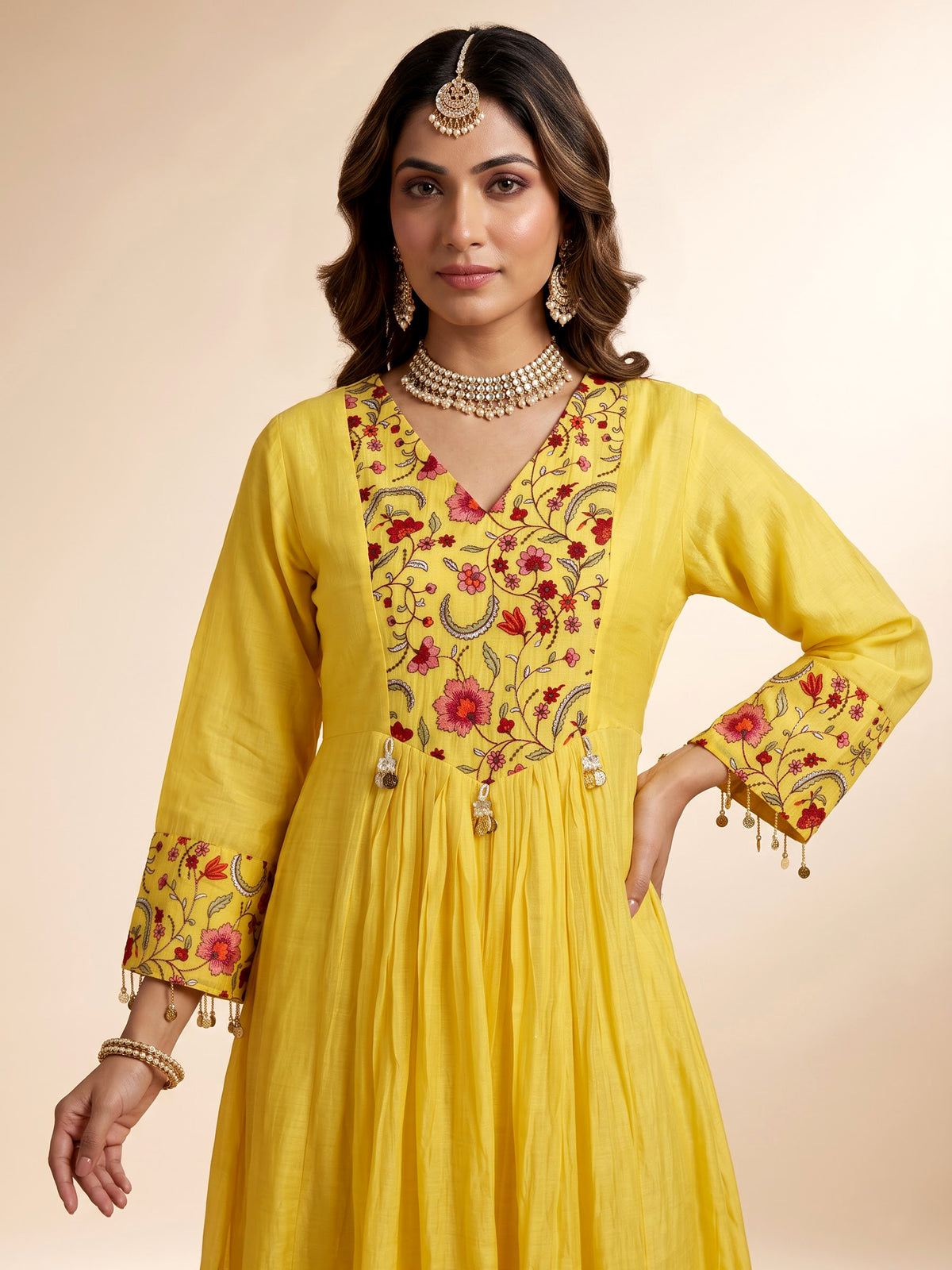 Mustard yellow viscose anarkali suit with floral embroidery