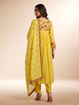 Mustard yellow viscose anarkali suit with floral embroidery