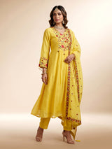 Mustard yellow viscose anarkali suit with floral embroidery