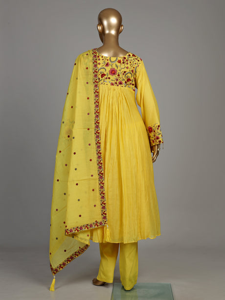 Mustard yellow viscose anarkali suit with floral embroidery