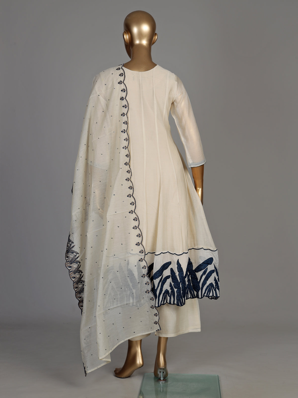 Cream viscose anarkali palazzo suit with intricate zardosi work