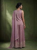 Lavender purple tissue georgette palazzo suit with pearl detailing