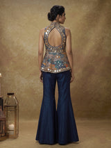 Blue silk palazzo suit with embellished stand collar detailing