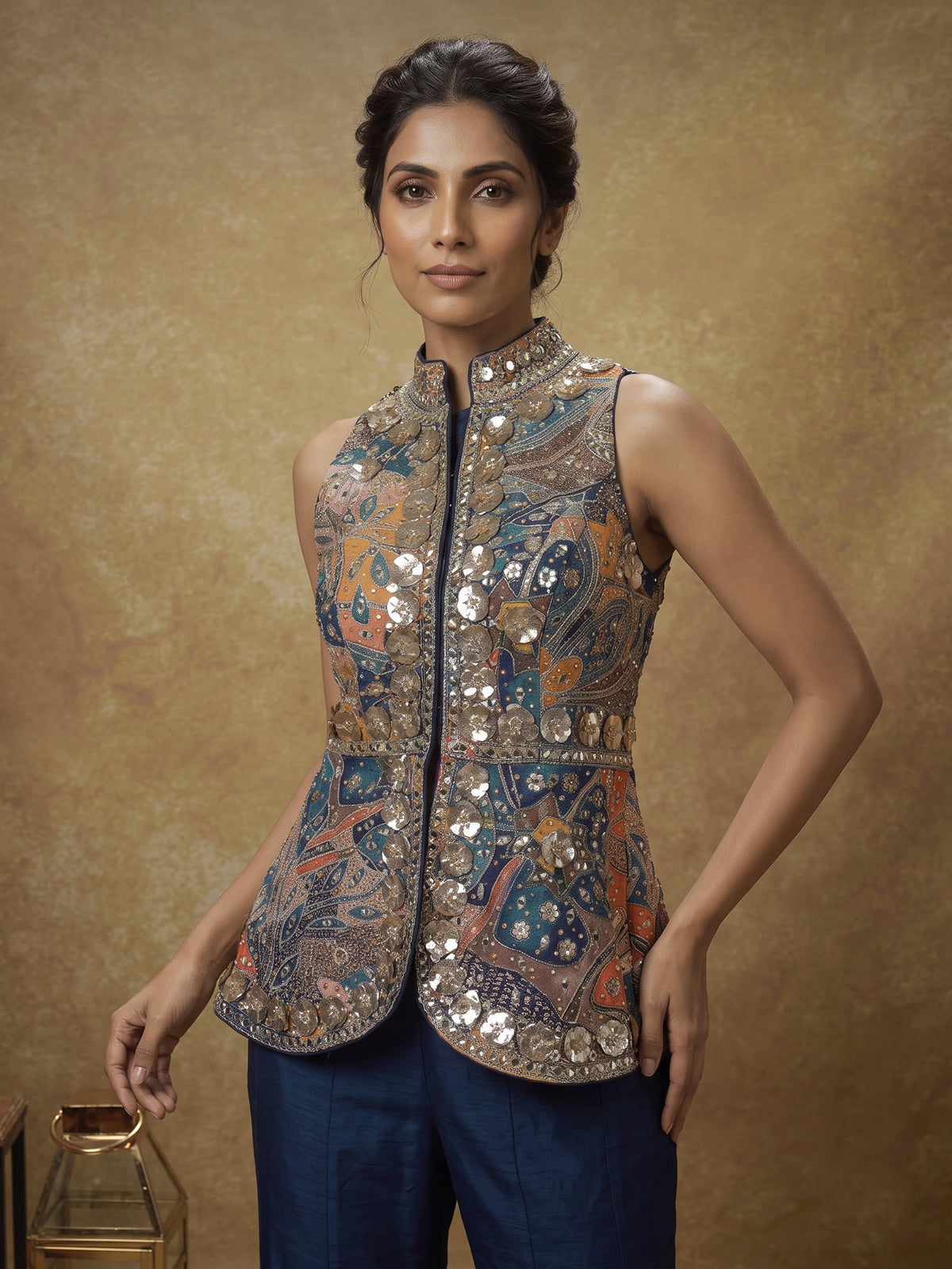 Blue silk palazzo suit with embellished stand collar detailing