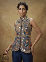 Blue silk palazzo suit with embellished stand collar detailing