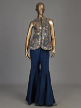 Blue silk palazzo suit with embellished stand collar detailing