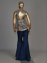 Blue silk palazzo suit with embellished stand collar detailing