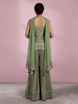 Pista green silk palazzo suit with floral prints and zardosi work