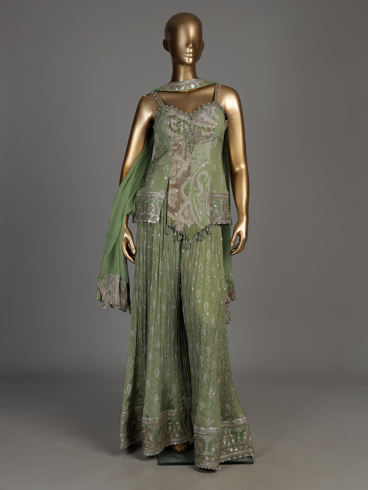 Pista green silk palazzo suit with floral prints and zardosi work
