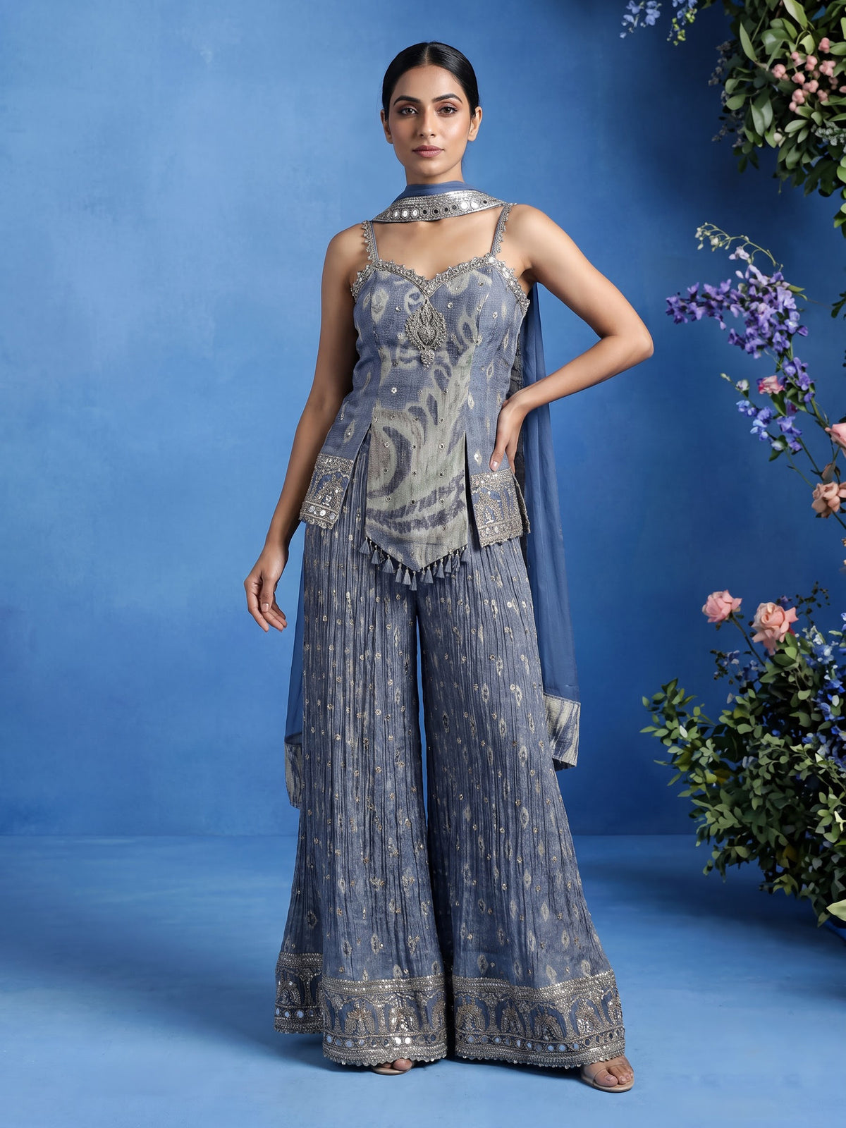 Stone grey silk palazzo suit with intricate mirror embellishments