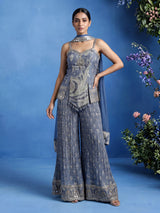 Stone grey silk palazzo suit with intricate mirror embellishments