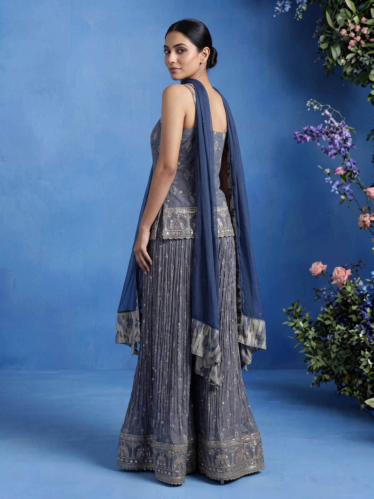 Stone grey silk palazzo suit with intricate mirror embellishments