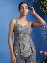 Stone grey silk palazzo suit with intricate mirror embellishments