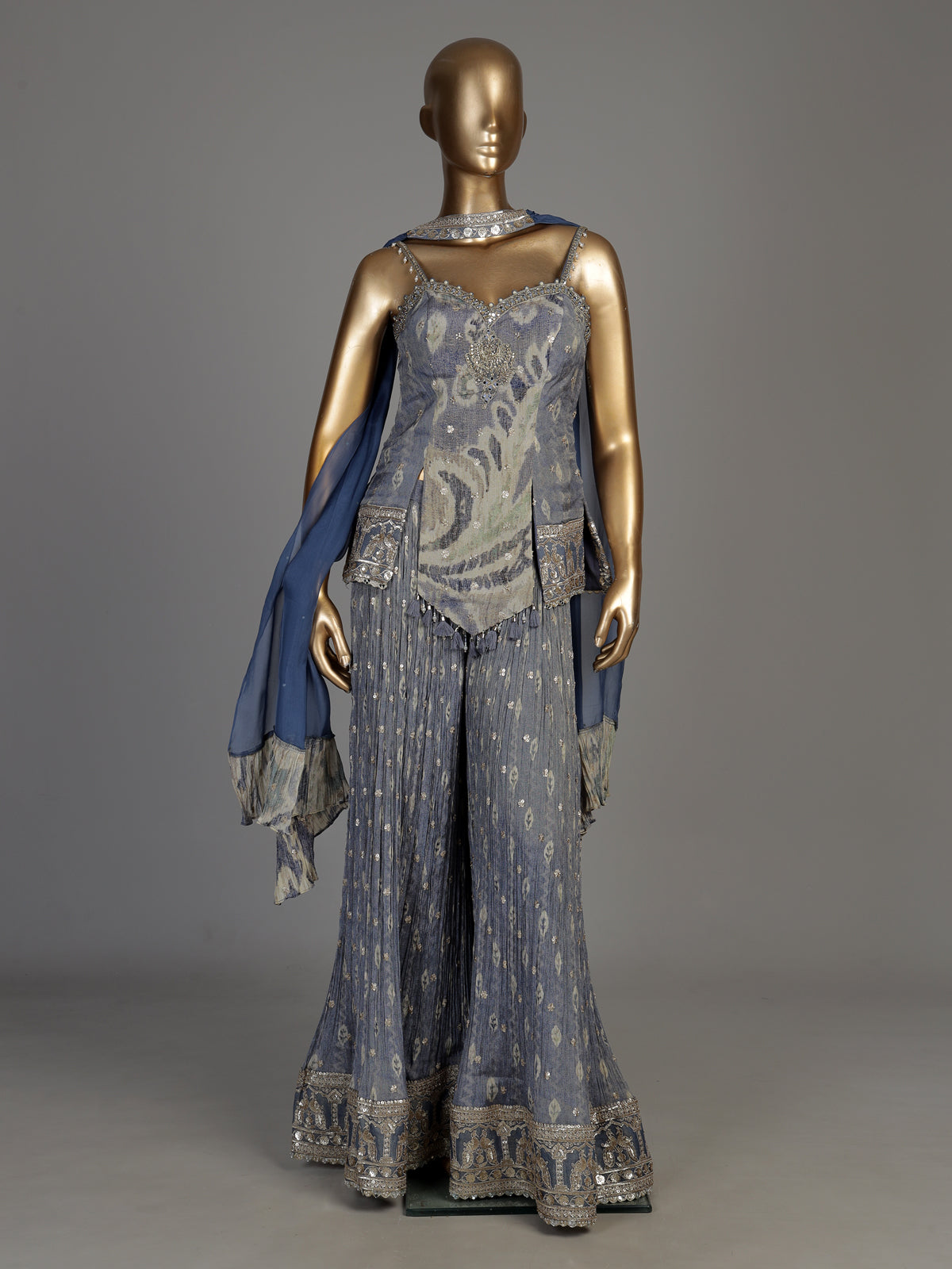 Stone grey silk palazzo suit with intricate mirror embellishments
