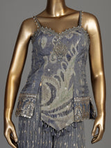 Stone grey silk palazzo suit with intricate mirror embellishments