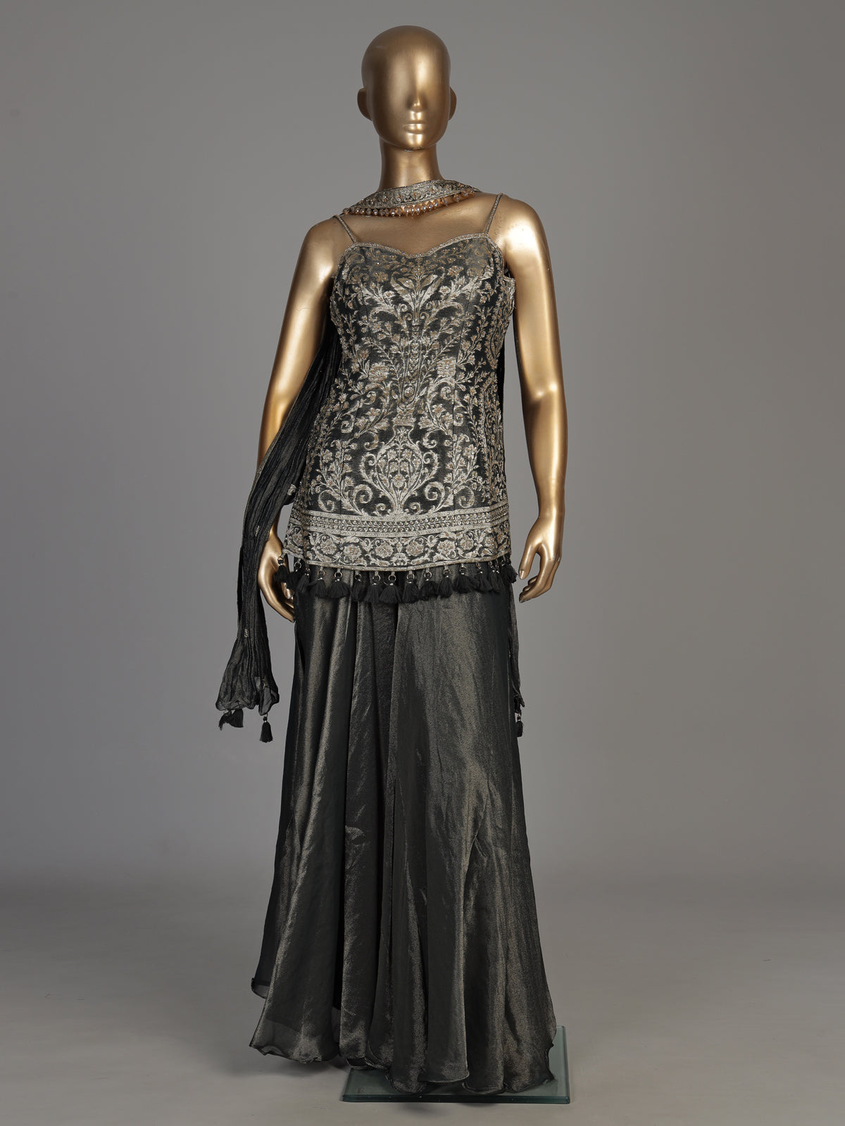 Charcoal grey tissue silk palazzo suit with zari embellishments