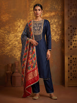 Navy blue silk anarkali suit with Patola printed dupatta