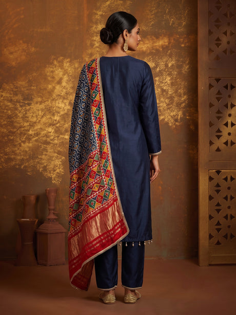 Navy blue silk anarkali suit with Patola printed dupatta