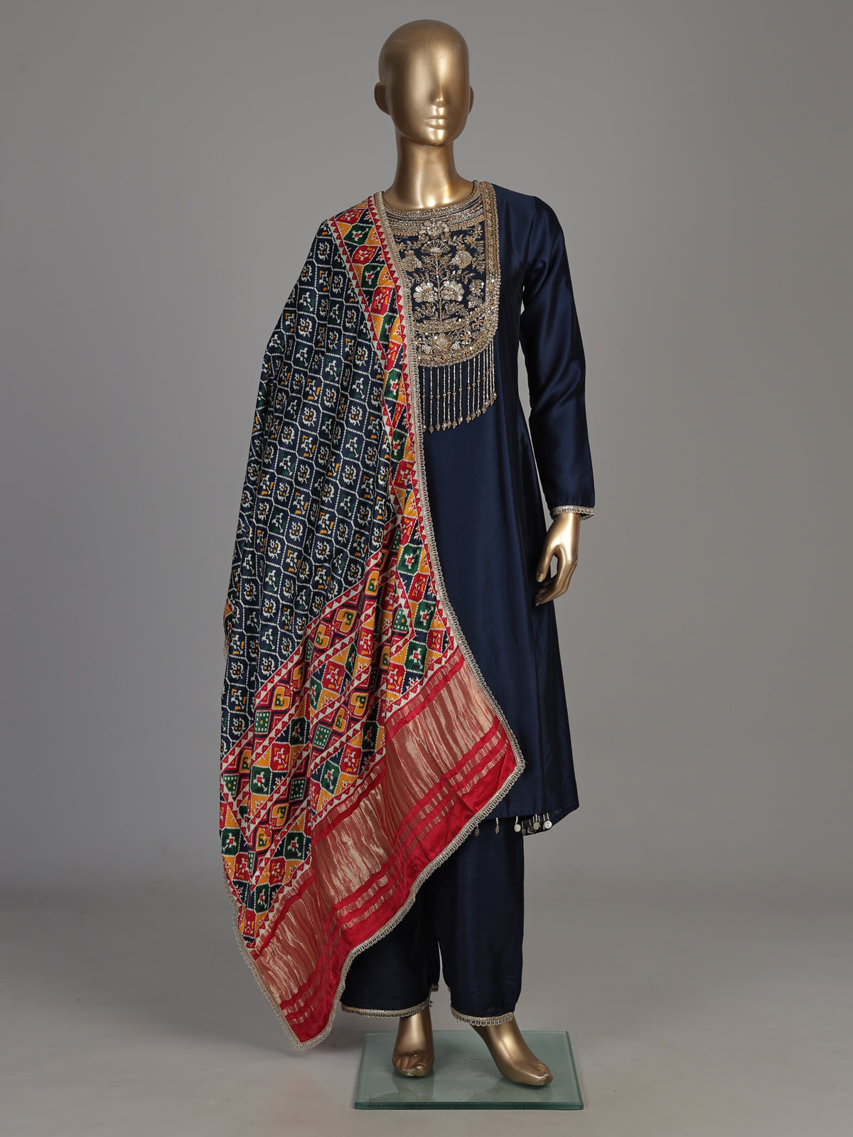 Navy blue silk anarkali suit with Patola printed dupatta
