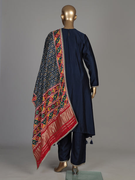 Navy blue silk anarkali suit with Patola printed dupatta