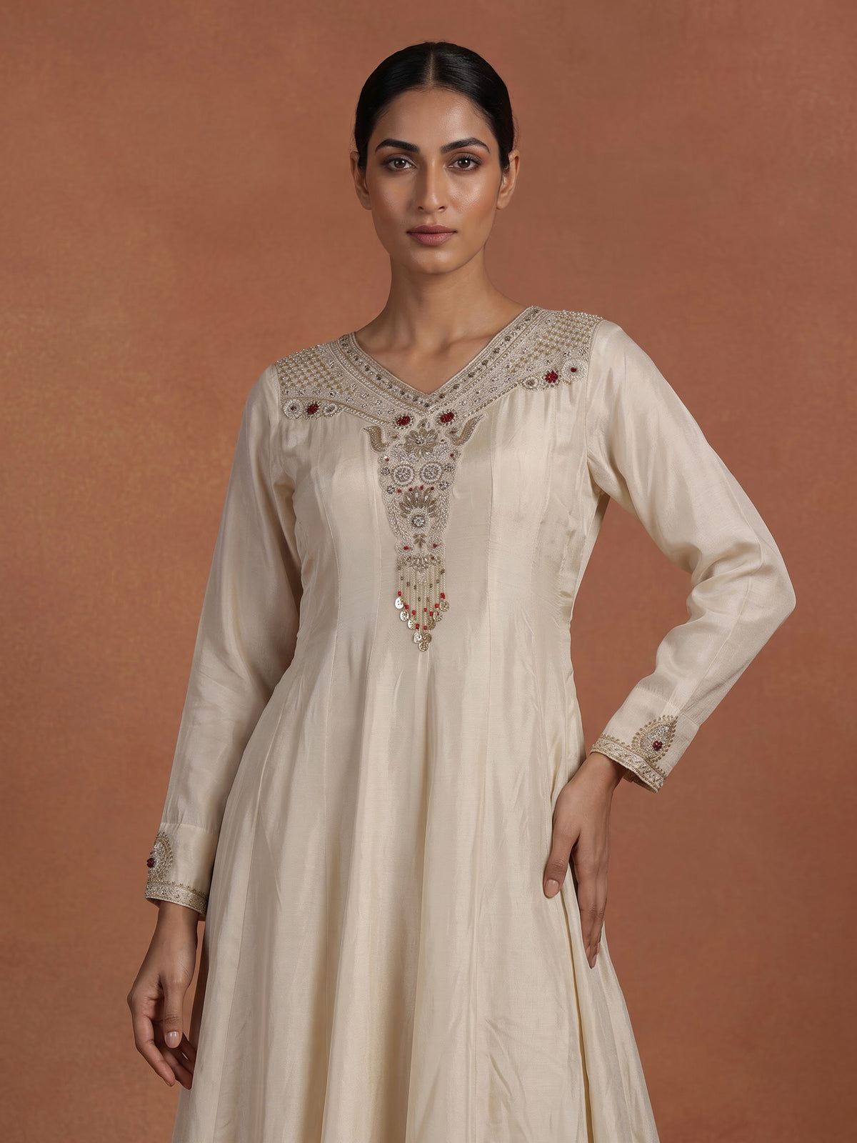 Cream silk anarkali palazzo suit with contrast dupatta