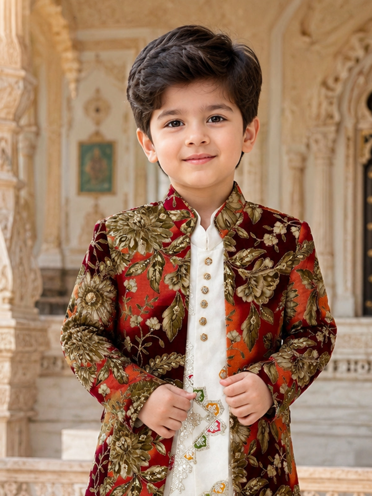 Off white vintage tapestry boy indo western suit