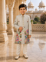 Grey embroidered jacket boy indo western linen suit