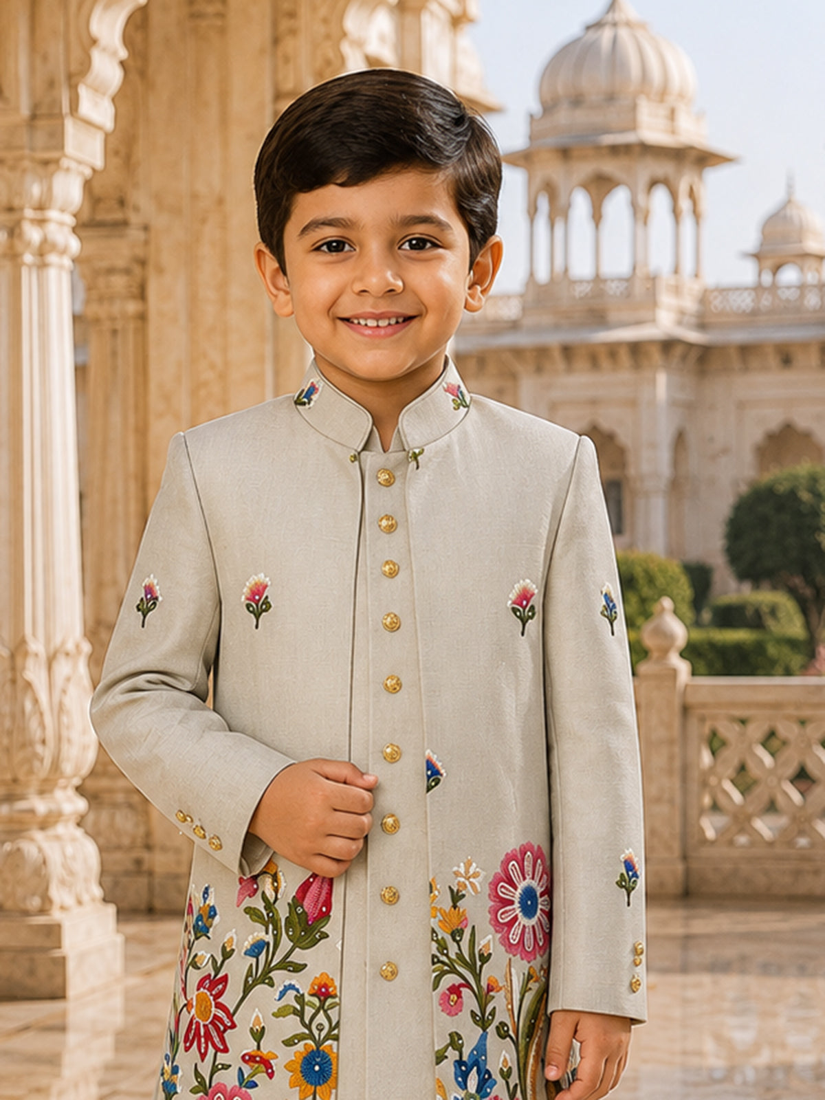 Grey embroidered jacket boy indo western linen suit