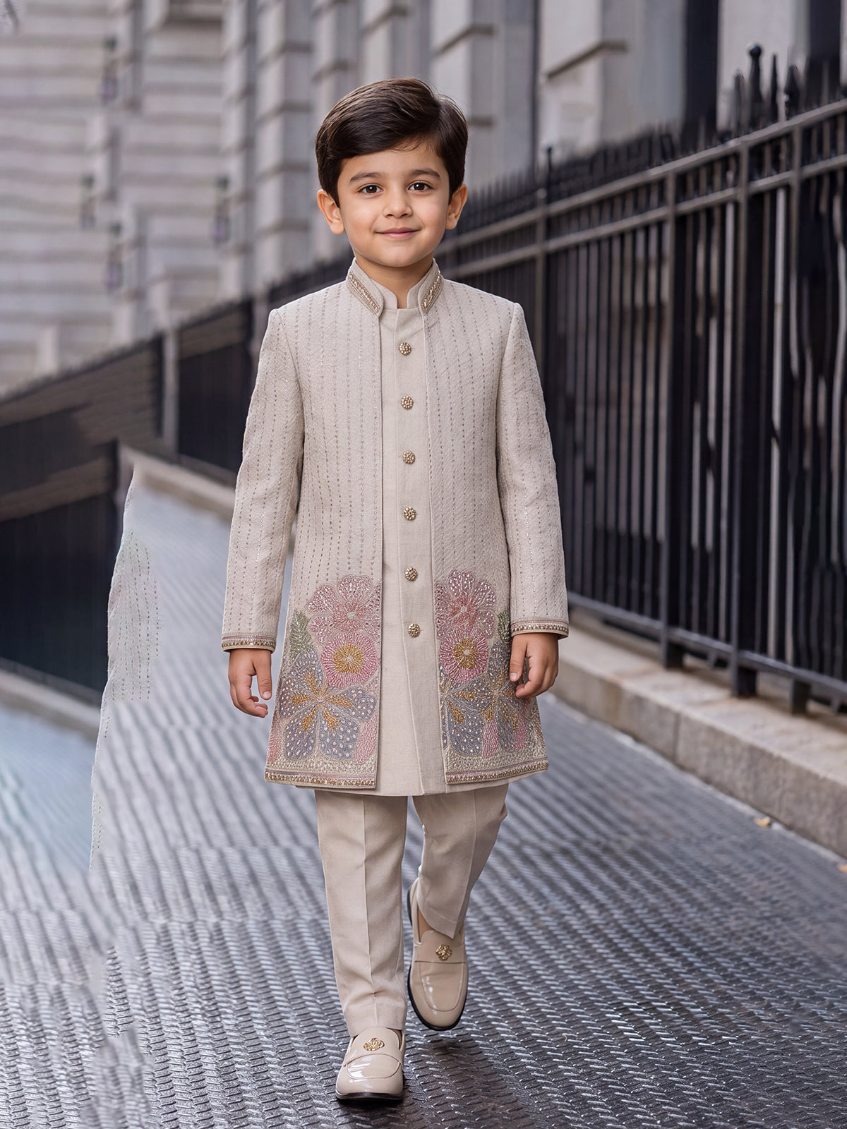 Ivory embroidery detail boy indo western crushed silk outfit