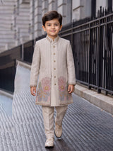 Ivory embroidery detail boy indo western crushed silk outfit