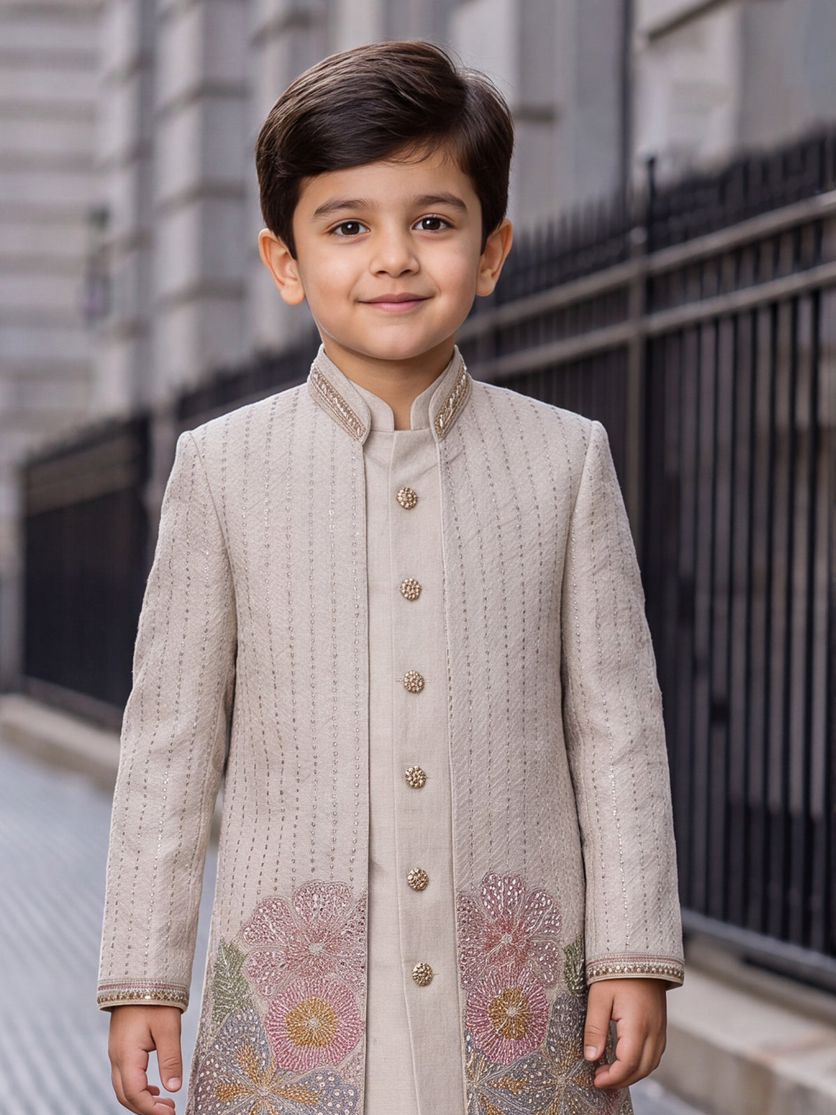 Ivory embroidery detail boy indo western crushed silk outfit