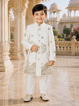 White embellished indo western jacket suit for boy