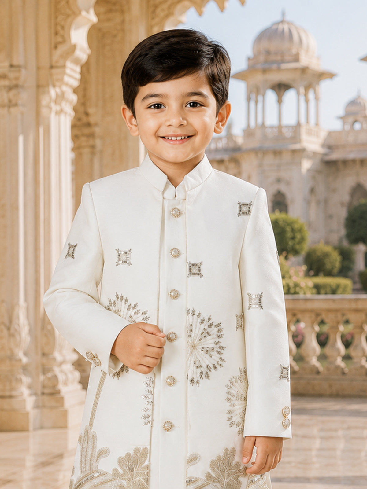 White embellished indo western jacket suit for boy