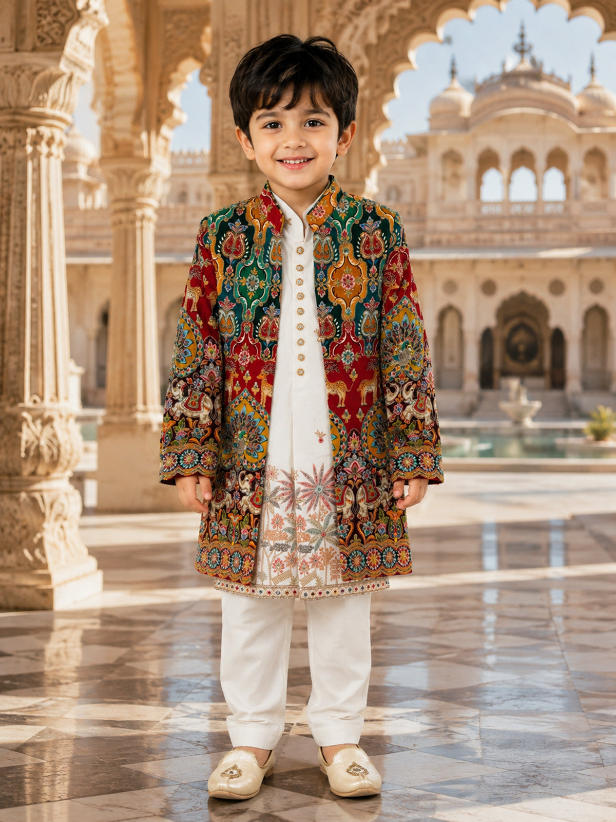 White printed embroidery boy indo western jacquard suit
