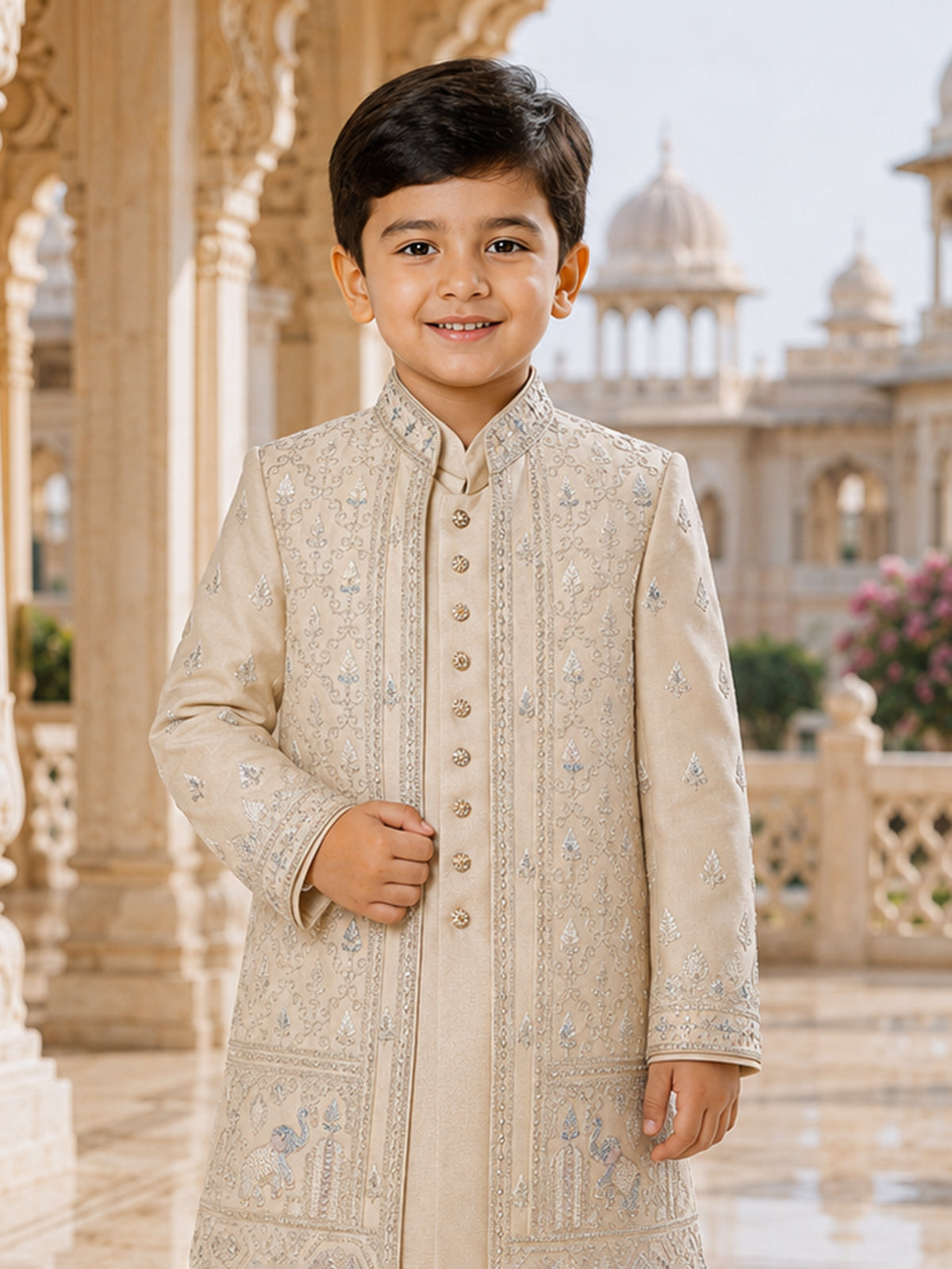 Beige boy indo western silk jacket suit