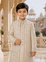 Beige boy indo western silk jacket suit