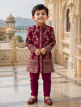 Wine red embellished boy indo western silk suit