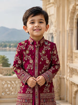 Wine red embellished boy indo western silk suit