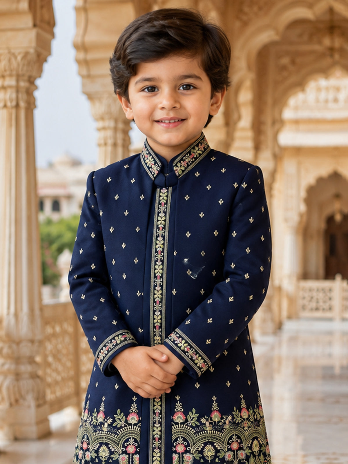 Blue embroidery printed boy indo western jacket suit