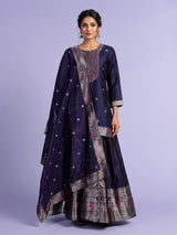 Navy blue banarasi silk palazzo suit with zari yoke