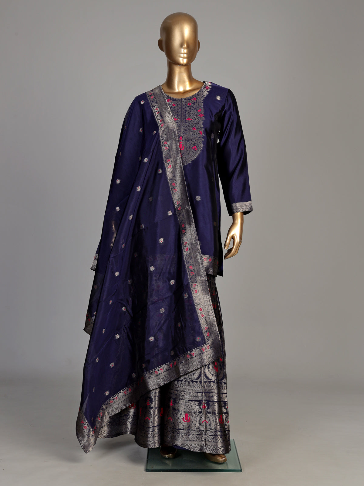 Navy blue banarasi silk palazzo suit with zari yoke