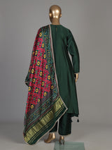 Bottle green silk anarkali suit with patola printed dupatta