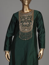 Bottle green silk anarkali suit with patola printed dupatta