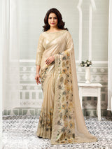 Beige printed brilliance satin silk women saree