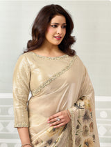 Beige printed brilliance satin silk women saree