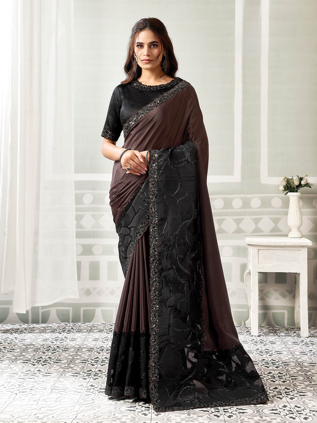Black brown shaded allure crepe silk women saree