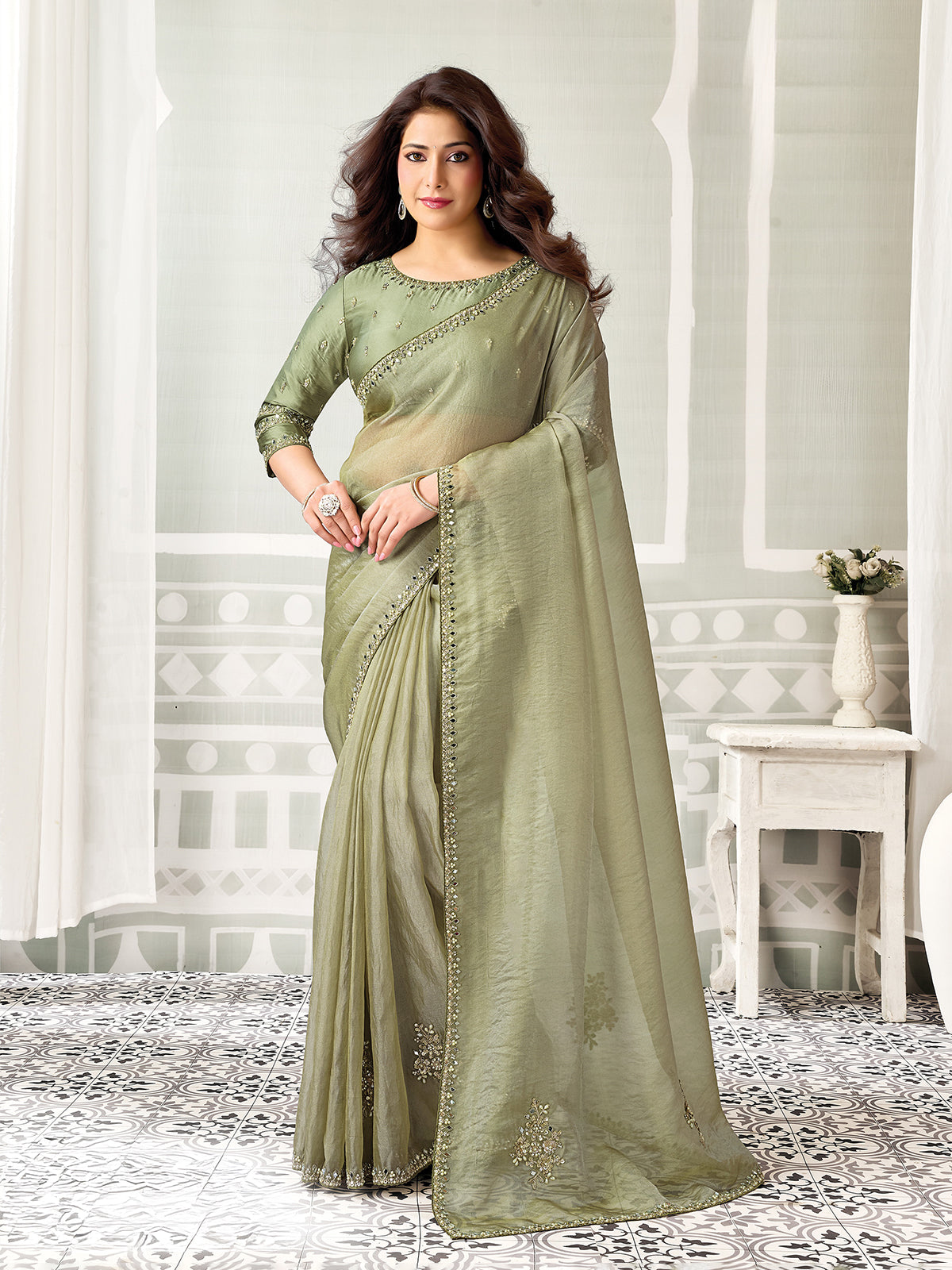 Pista green mirror enchantment organza women saree