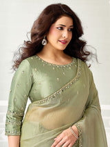 Pista green mirror enchantment organza women saree
