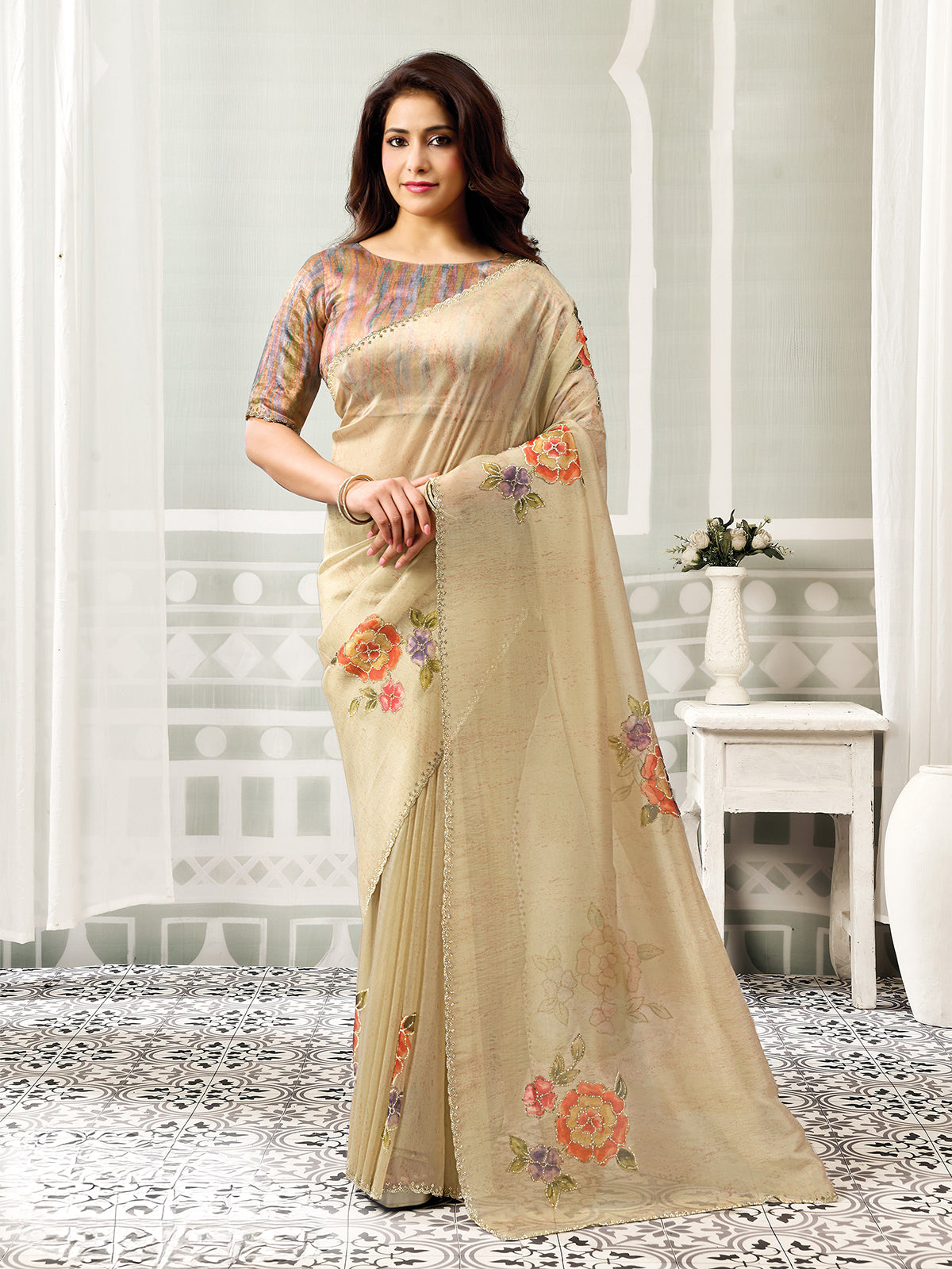 Beige Swarovski radiance organza tissue women saree