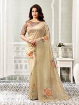 Beige Swarovski radiance organza tissue women saree